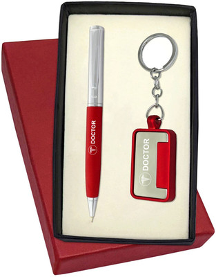 UJJi Doctor Logo Half Chrome Plated Red Body Pen with Keychain Pen Gift Set(Pack of 2, Ink Color - Blue )