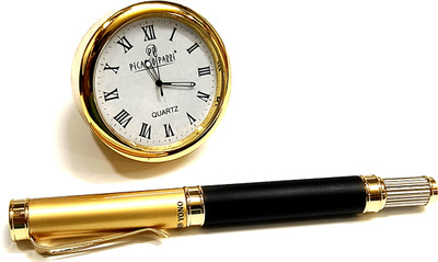 Epraiser Premium Luxury Gift Set Table Top Clock and Brass Metal Gold Plated Designer Roller Ball Pen(Ink Color - Blue)
