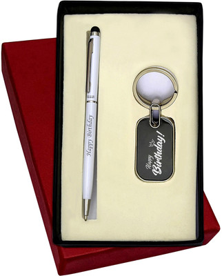 UJJi 2in1 Happy Birthday Engraved White Slim Design Pen and Keychain Pen Gift Set(Pack of 2, Ink Color - Blue )