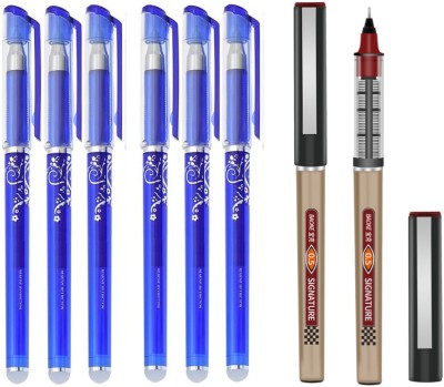 Baoke 0.35mm Blue Ink 6 Erasable Gel Pen Set with Eraser+Baoke 2 Red Signature 0.5mm Gel Pen(Pack of 8, Ink Color - Blue)