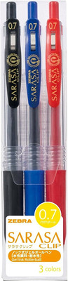Zebra Sarasa Clip Pen 0.7 mm, 3 Color Set (JJB15-3CA) Gel Pen(Pack of 3, Ink Color - Black, Red, Blue)