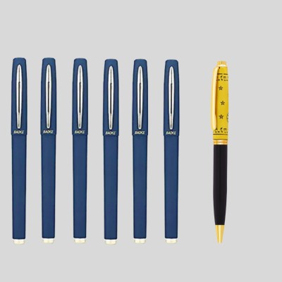 Baoke 6 Blue Gel Pen 0.7mm+FREE Roller Ball Blue Ink Pen|Gold & Black Finish Gel Pen(Pack of 7, Blue)