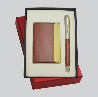 UJJi Check Pattern Brown Pen with Brown Card Holder Ball Pen(Pack of 2, Ink Color - Blue)