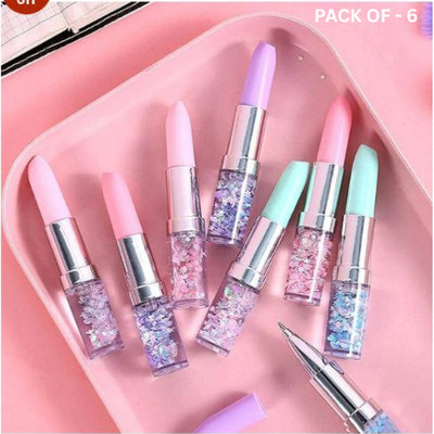 AMB Glitter Lipstick Pen Gel Pen Makeup Artist Pen for Kids Beauty multicolor Ball Pen(Pack of 6, Ink Color - Blue)