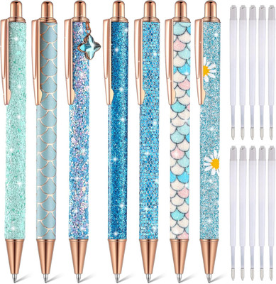 ELIE INDIA 7 Pcs Sparkly Glitter Pretty Fancy Cute Pens for Women with 10 Pcs Black Ink Ball Pen(Pack of 7, Ink Color - Blue)