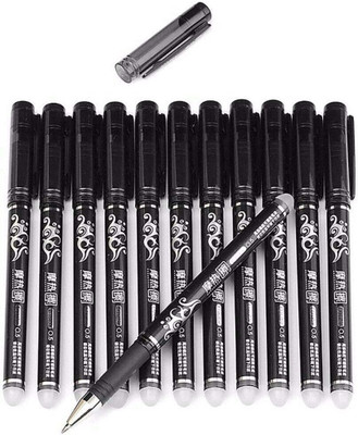 Poohan CUTE Black Ink Erasable Gel Pen with attached Magic Wipe Eraser 0.5mm Nib Size Gel Pen(Pack of 12, Ink Color - Black)