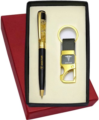 UJJi Doctor Logo Printed Golden Gel Filled Brass Body Ball Pen & Hook Keychain Pen Gift Set(Pack of 2, Blue Ink)