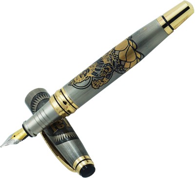 auteur Divine Collection Golden Color , Blessings Of Goddess Laxmi Beautifully Engraved On Brass Body , Dual Tone , Medium Nib With Refillable Ink Pump Converter Fountain Pen
