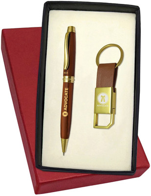 UJJi Advocate Logo Wooden Design Pen in Brass Material with Hook Keychain and Pen Gift Set(Pack of 2, Ink Color - Blue )