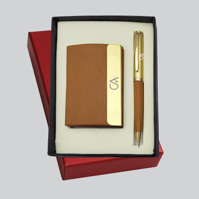 UJJi CA Logo Line Pattern Metal Card Holder with PU Flap Ball Pen(Pack of 2, Ink Color - Blue)