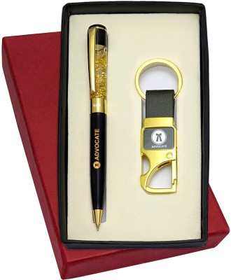 UJJi Advocate Logo Engraved Golden Gel Filled Brass Body Ball Pen & Hook Keychain Pen Gift Set(Pack of 2, Ink Color - Blue )