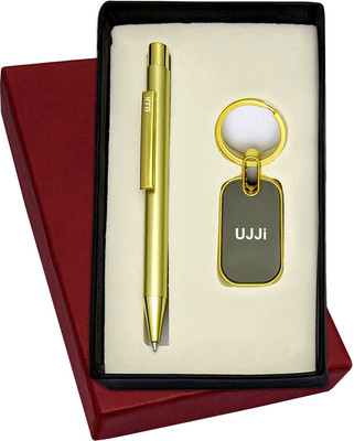 UJJi 2x1 Set in Shiny Gold Color Retractable Pen & Metal Keychain Pen Gift Set(Pack of 2, Ink Color - Blue )