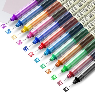 Harinder 12Pc Liquid Ink Rollerball Pens Fine Point Gel Pens for Journaling & Office Use Roller Ball Pen(Pack of 12, Ink Color - Multicolor)