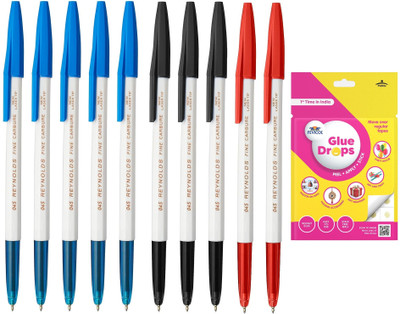 Reynolds 045 Ball Point Smooth Writing Pen With Glue Drops Ball Pen(Pack of 10, Ink Color - Blue, Black, Red)