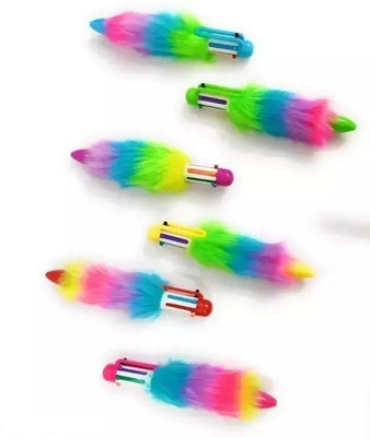 HK Toys 6-in-1 Retractable Roller Fancy Pen Multicolor soft Fur Feather Ballpoint Pen Ball Pen(Pack of 6, Ink Color - Blue)