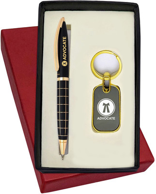 UJJi Check Pattern Brass Material Keychain and Pen Gift Set(Pack of 2, Ink Color - Blue )