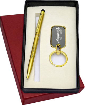 UJJi 2in1 Happy Birthday Engraved Gold Color Slim Design Pen and Keyring Pen Gift Set(Pack of 2, Ink Color - Blue )