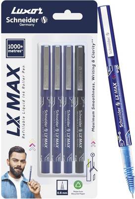 Luxor Schneider LX MAX | Needle Tip | 0.5 mm | 1000+ Meters Writing Length | German Technology Roller Ball Pen(Pack of 4, Ink Color - Multicolor)