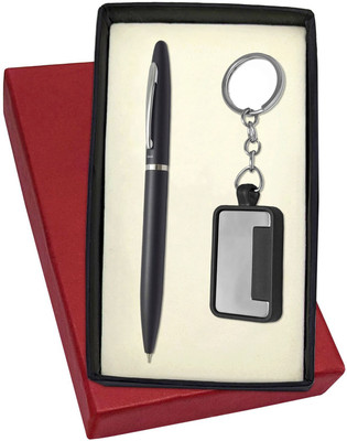 UJJi Metal Keychaind with Matte Black Twist Mechanism Pen Gift Set(Pack of 2, Ink Color - Blue )