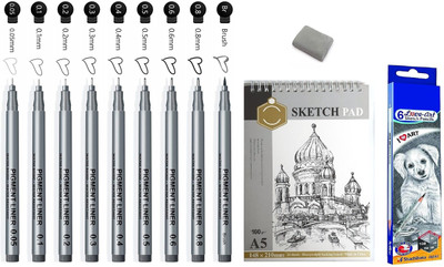 ChiggiWiggi Water-based Pigment Liner for Sketching, A5 Sketch Pad 160GSM, 6 Pencil & Eraser Fineliner Pen(Ink Color - Pigment Liner Color- Black)