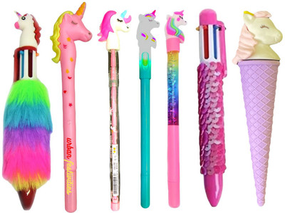 YASSVA GROUP AASEFLEX NEW LOOK 7 PACK UNICORN PEN PENCILS WITH FUR PEN 6 IN 1 Pencil(MULTYCOLOUR)