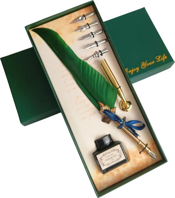 Gold Leaf Feather Quill Pen and Ink Set – Antique Calligraphy Dip Pen (Green) With 5-Nibs Calligraphy(Ink Color - Green)