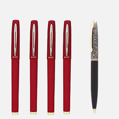 Baoke 0.7mm Red Gel ink pen fine point+Roller Ball Blue Pen Elegant Gold&Black Finish Gel Pen(Pack of 5, Ink Color - Red)