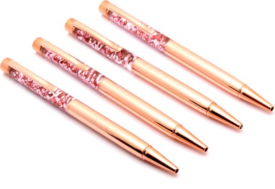 Ledos Set Of 4 Copper Rose Gold Color Blue Refill Dynamic Crystal Diamond Retractable Ball Pen(Pack of 4, Blue)