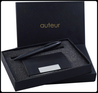 auteur Elegant & Stylish Combo Matt Black Ball Pen & Visiting Card Holder Pen Gift Set(Pack of 2, Ink Color - Blue)