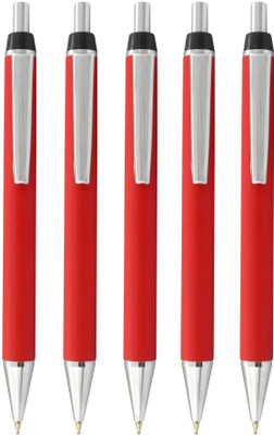 K K CROSI Metal Pen (pack of 5) Retractable Red Body Ball Pen(Ink Color - Blue )