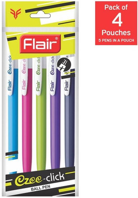 FLAIR Ezee Click | Retractable Ball Pen | 0.7 mm | 5pc Pouch Pack X 4 | Ball Pen(Pack of 20, Ink Color - Blue)