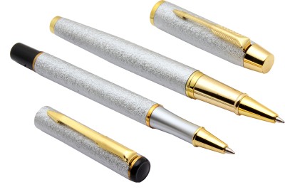 Ledos Set Of 2 Silver Sand Finish Rock Textured Metal Body Roller Ball Pen(Pack of 2, Blue Refill)