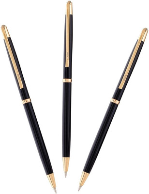 Tylos Classic Black Body Pen with Golden Cap Studded Stone on Top Golden Arrow Clip Ball Pen(Pack of 3, Ink Color - Blue)