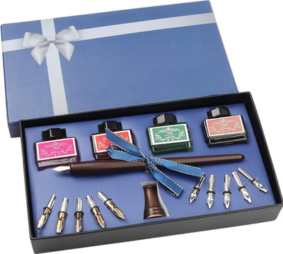 Gold Leaf Wooden Calligraphy Pen Kit – 4 Ink Bottles, Holder & Spare Nibs Calligraphy(Ink Color - Multicolor)