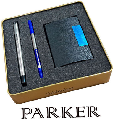 PARKER VECTOR STAINLESS STEEL CT ROLLERBALL PEN WITH CARD HOLDER Pen Gift Set(Ink Color - Blue)