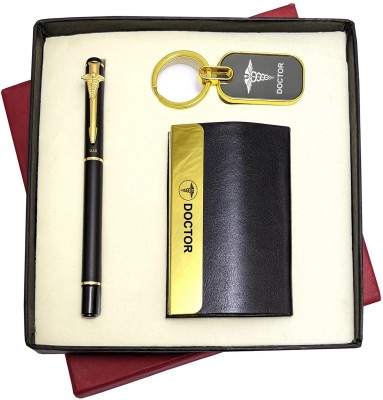 UJJi Doctors Gifts 3in1 Golden Part Black Body Pen, Keychain and ATM Card Holder Pen Gift Set(Pack of 2, Blue Ink)