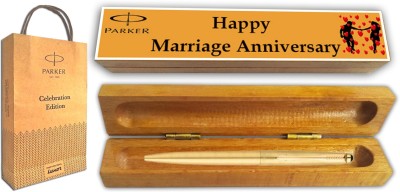 PARKER GALAXY GOLD GT RB With Wooden Happy Marriage Anniversary Gift Box and Gift Bag Roller Ball Pen(Blue)