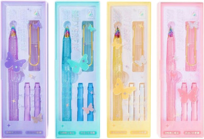 Samvardhan Butterfly Glitter Fountain Pen Set – Rainbow Nib with 6 Ink (Random Pack of 1) Fountain Pen(Ink Color - 3 blue, Pink, Green, Purple)