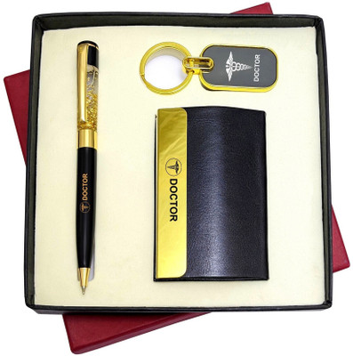 UJJi 3in1 Doctor set with Golden Gel Filled Pen, Keychain and ATM Card Holder Pen Gift Set(Pack of 2, Ink Color - Blue )