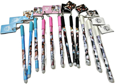 AAHANSHOPPE BTS THEME PEN WITH SMALL ATTACHED DIARY Gel Pen(Pack of 12, Ink Color - Blue)