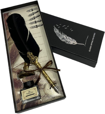 FRKB Black Feather Dip Pen Set with 5PCs Nib Pen Gift Set(Ink Color - Multicolor)