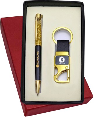 UJJi Advocate Logo Engraved Golden Gel Filled Brass Body Ball Pen & Hook Keychain Pen Gift Set(Pack of 2, Blue Ink)