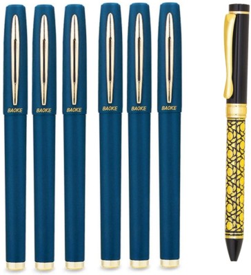 Baoke 6 Blue Gel Pen Fine Point 1.0mm+FREE Roller Ball Blue Pen|Gold & Black Finish Gel Pen(Pack of 7, Blue)