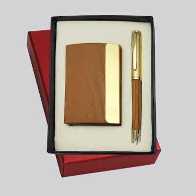 UJJi Line Pattern Metal Card Holder with PU Flap Pen Gift Set(Pack of 2, Ink Color - Blue)