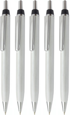 UJJi White Colour Pen Click Mechanism with Chrome Part Retractable Ball Pen(Pack of 5, Ink Color - Blue )