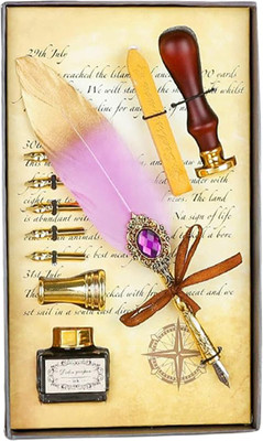 URBAN BOX Feather Dip Pen Kit 5 Pen Nibs Ink Bottel Wax Stick Seal Stamp Included Calligraphy(Pack of 10, Ink Color - Black)