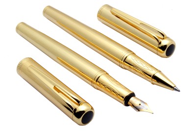 Ledos Dikawen 8028 Captain Full Gold Plated Set Of Roller ball Pen & Fountain Pen(Pack of 2, Converter system, Blue Refill)