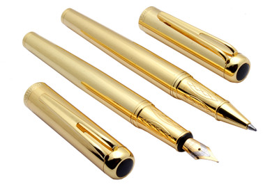 Ledos Dikawen 8028 Captain Full Gold Plated Set Of Roller ball Pen & Fountain Pen(Pack of 2, Ink Color - Converter system, Blue Refill)