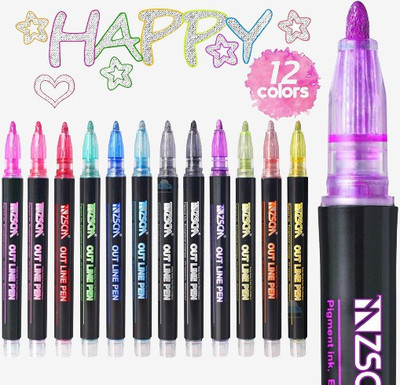 NAVDEEP COLLECTION Set Of 12 Multicolor Outline Pens for Making School Projects Calligraphy(Ink Color - Multicolor)