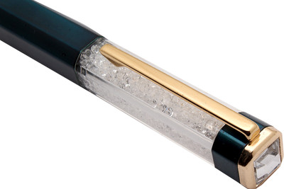 Ledos White Crystal Diamond Teal Blue Metal Body With Golden Trims Ball Pen(Ink Color - Blue Refill)